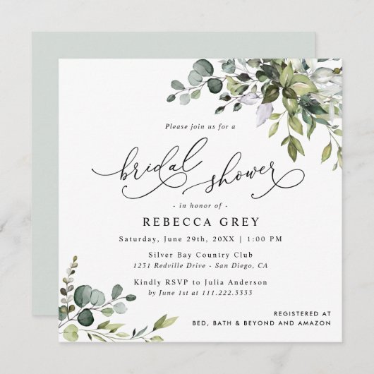 Elegantes Script Eukalyptus Greenery Brautparty Einladung (Vorne/Hinten)