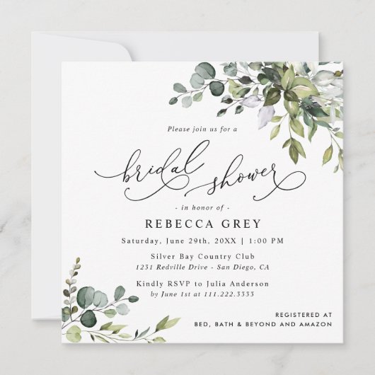 Elegantes Script Eukalyptus Greenery Brautparty Einladung (Vorderseite)