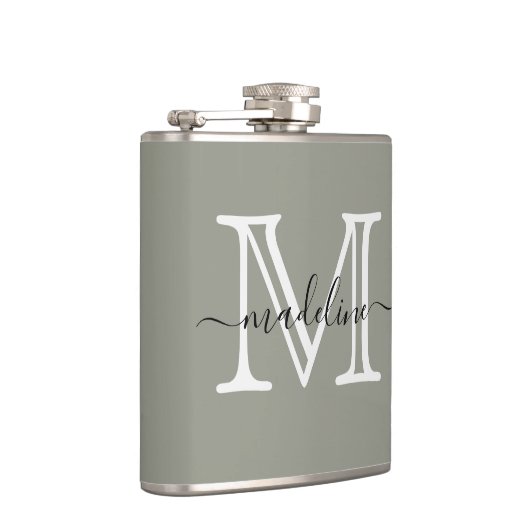 Elegantes Script Evergreen Fog Monogram Kitchen Flachmann (Rechts)