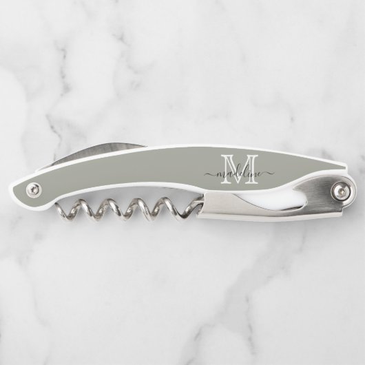 Elegantes Script Evergreen Fog Monogram Kitchen Kellnermesser (Rückseite)