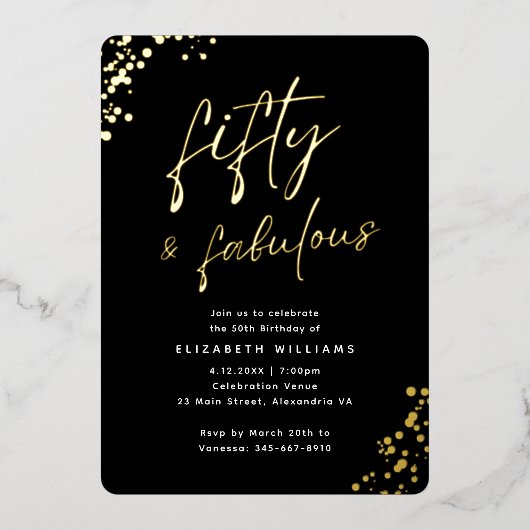 Elegantes Script Fifty und fabulous Birthday Gold Folieneinladung (Vorderseite)