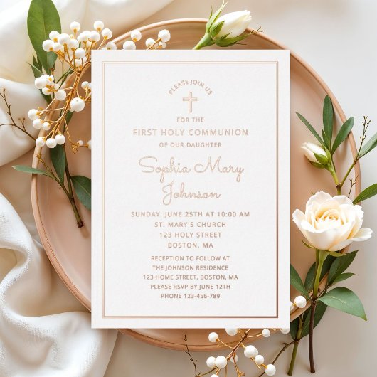 Elegantes Script First Communion Rose Gold Folieneinladung