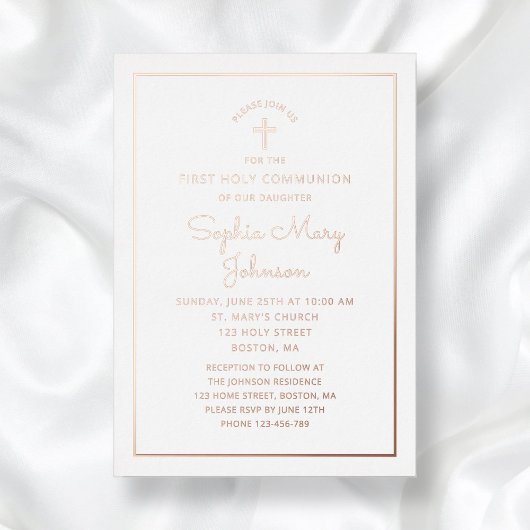Elegantes Script First Communion Rose Gold Folieneinladung