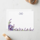 Elegantes Script Floral Lila Lavender Monogram nic Mitteilungskarte (Vorderseite/Rückseite Beispiel)