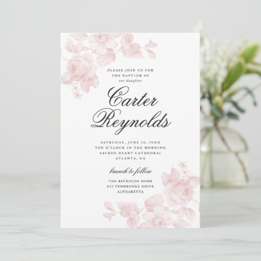 Elegantes Script florale religiöse Taufe Einladung (Stehend Vorderseite)