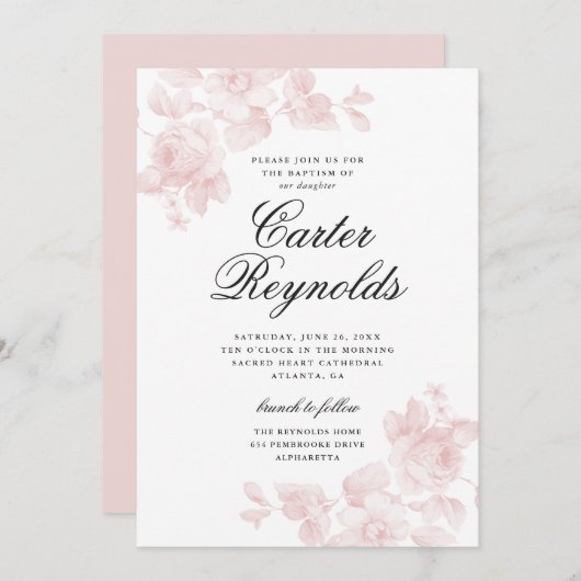 Elegantes Script florale religiöse Taufe Einladung (Vorne/Hinten)