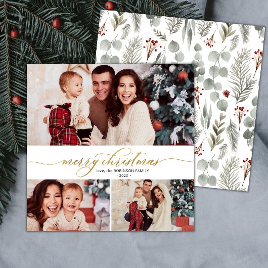 Elegantes Script Foliage 3 Multi-Foto Weihnachten