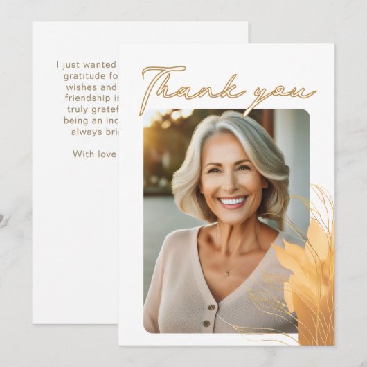 Elegantes Script Foliage Foto Geburtstag Dankeskarte (Vorne/Hinten)
