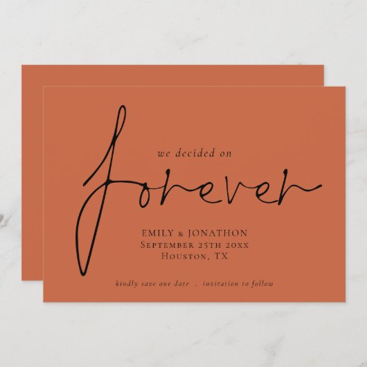 Elegantes Script Forever QR Code Terracotta Save The Date (Vorne/Hinten)