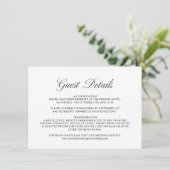 Elegantes Script Formal White Wedding Guest Detail Begleitkarte (Stehend Vorderseite)
