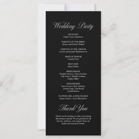 Elegantes Script-formales Black Wedding-Programm (Rückseite)