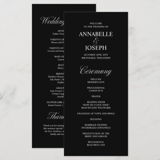 Elegantes Script-formales Black Wedding-Programm (Vorne/Hinten)