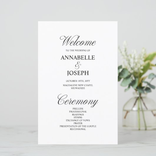 Elegantes Script-formales White Wedding-Programm (Stehend Vorderseite)