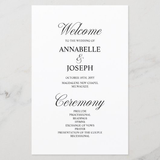 Elegantes Script-formales White Wedding-Programm (Vorderseite)