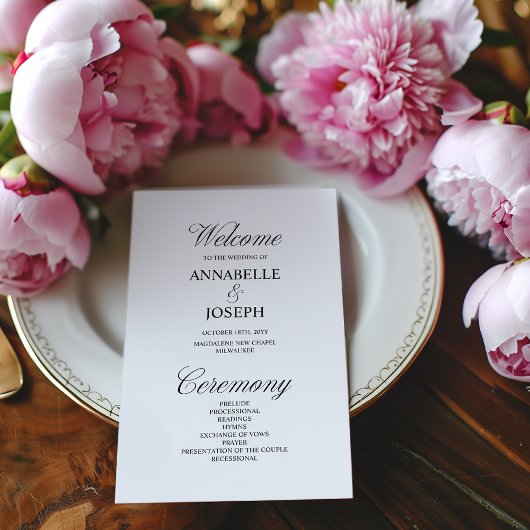 Elegantes Script-formales White Wedding-Programm