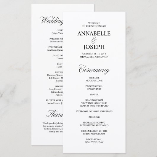 Elegantes Script-formales White Wedding-Programm (Vorne/Hinten)