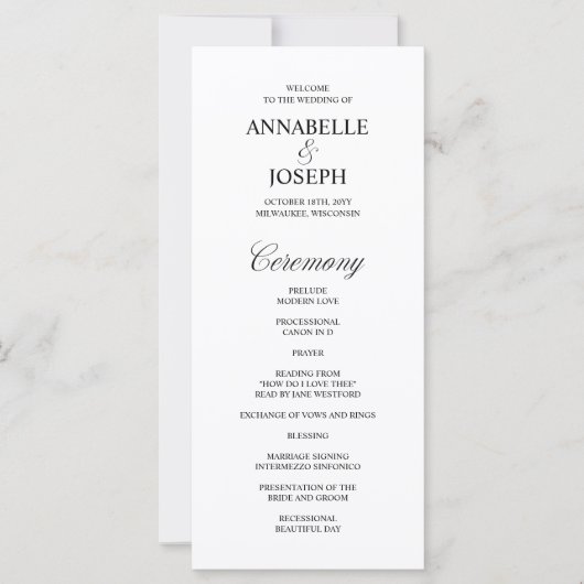 Elegantes Script-formales White Wedding-Programm (Vorderseite)