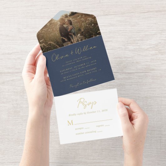 Elegantes Script Foto Blue Wedding All-in-One-Einladung (Abreißstreifen)