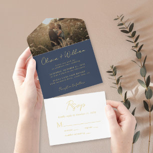 Elegantes Script Foto Blue Wedding All-in-One-Einladung