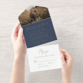 Elegantes Script Foto Blue Wedding All-in-One-Einladung (Abreißstreifen)