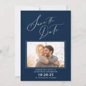 Elegantes Script Foto Blue Wedding Save the Date (Vorderseite)