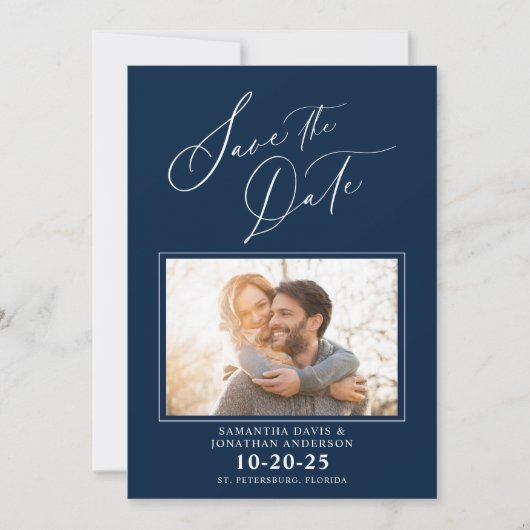 Elegantes Script Foto Blue Wedding Save the Date (Vorderseite)
