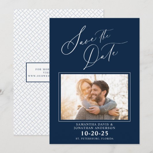 Elegantes Script Foto Blue Wedding Save the Date (Vorne/Hinten)