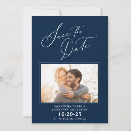 Elegantes Script Foto Blue Wedding Save the Date