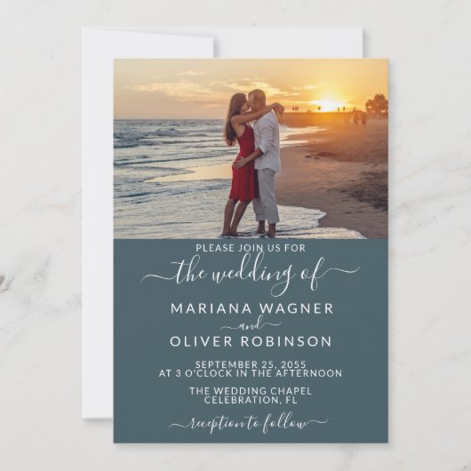 Elegantes Script Foto Boho Blue Wedding Einladung (Vorderseite)