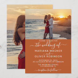 Elegantes Script Foto Boho Terracotta Wedding Einladung