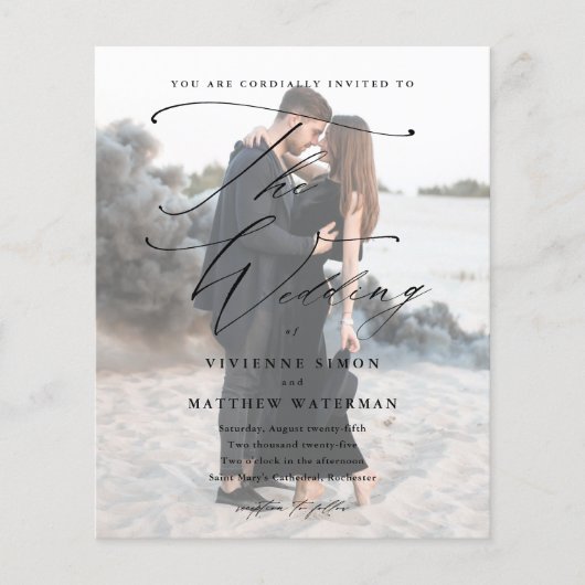 Elegantes Script-Foto-Budget Einladung zur Hochzei (Vorderseite)