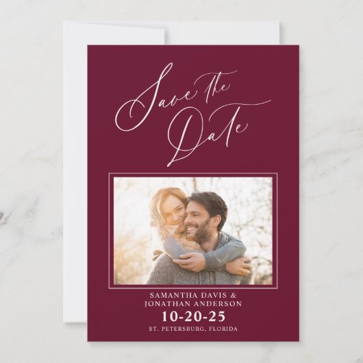 Elegantes Script-Foto Burgund Wedding speichern da Save The Date (Vorderseite)