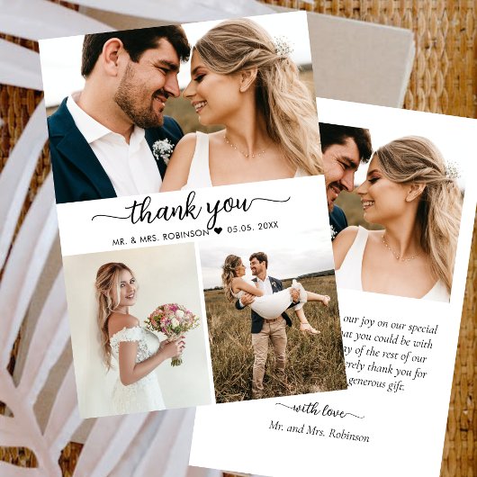 Elegantes Script Foto Collage Wedding Vielen Dank Dankeskarte
