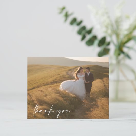 Elegantes Script Foto Hochzeit Danke Postkarte (Stehend Vorderseite)