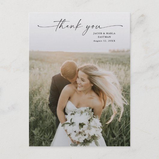 Elegantes Script Foto Hochzeit Danke Postkarte (Vorderseite)