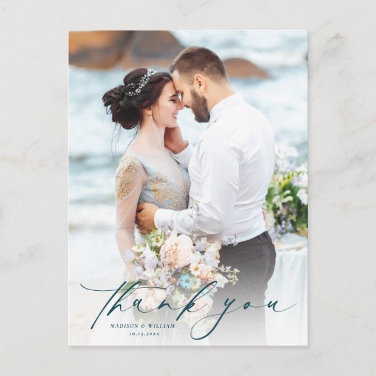 Elegantes Script Foto Hochzeit Danke Postkarte (Vorderseite)