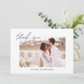 Elegantes Script Foto Hochzeit Dankeschön Karte (Stehend Vorderseite)