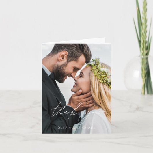 Elegantes Script Foto Hochzeit Dankeschön Karte (Vorderseite)