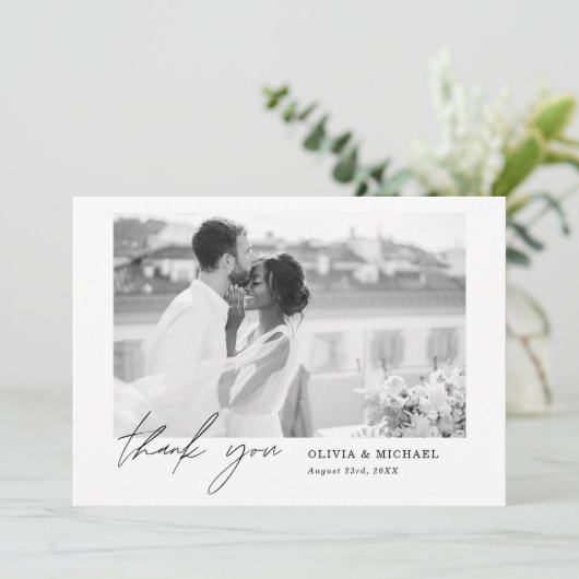 Elegantes Script Foto Hochzeit Dankeschön Karte (Stehend Vorderseite)