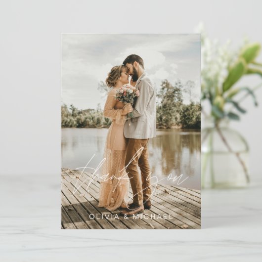 Elegantes Script Foto Hochzeit Dankeschön Karte (Stehend Vorderseite)
