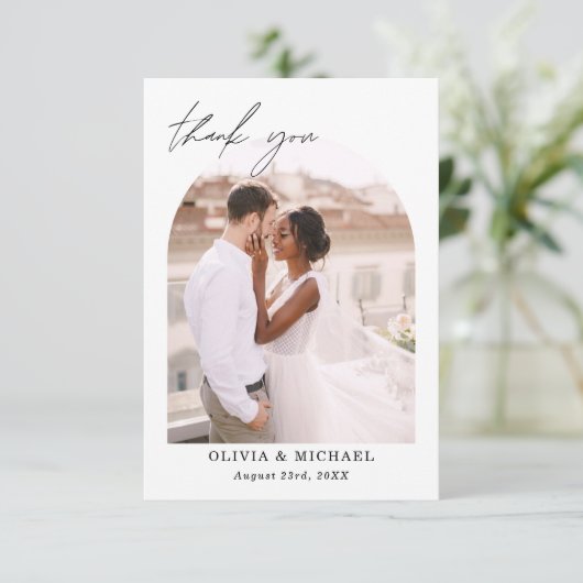 Elegantes Script Foto Hochzeit Dankeschön Karte (Stehend Vorderseite)