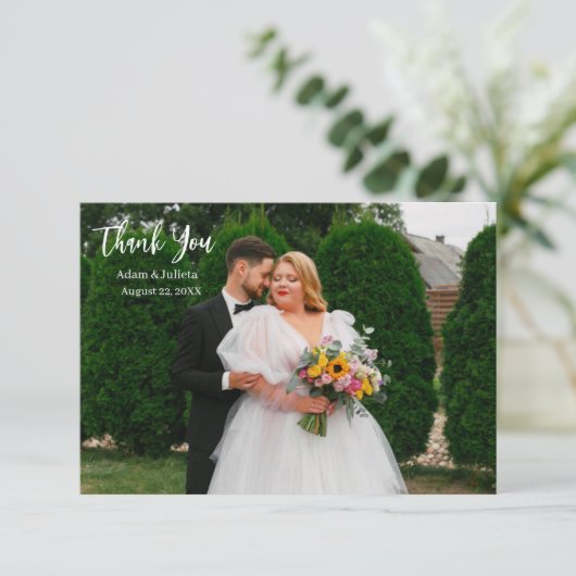 Elegantes Script Foto Hochzeit Dankeschön Karte (Stehend Vorderseite)