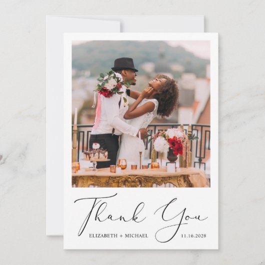 Elegantes Script-Foto Hochzeit Dankeskarte (Vorderseite)