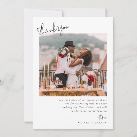 Elegantes Script-Foto Hochzeit Dankeskarte (Vorderseite)