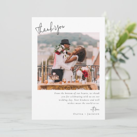 Elegantes Script-Foto Hochzeit Dankeskarte (Stehend Vorderseite)