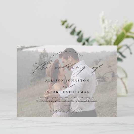 Elegantes Script-Foto Hochzeit Einladung (Stehend Vorderseite)