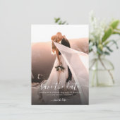 Elegantes Script-Foto Hochzeit Save The Date (Stehend Vorderseite)