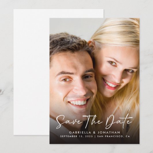 Elegantes Script-Foto Hochzeit Save The Date (Vorne/Hinten)
