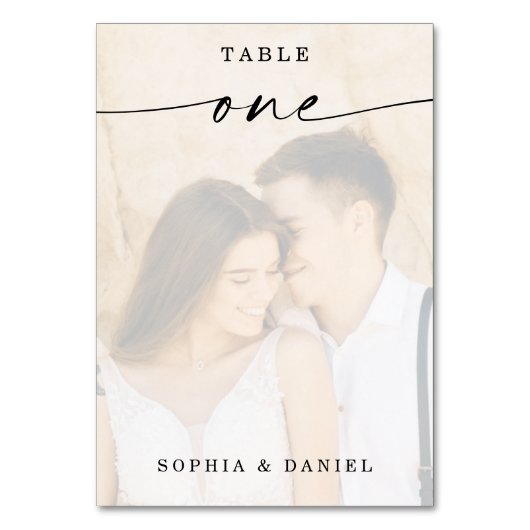 Elegantes Script Foto Hochzeit Tischnummer One (Rückseite)