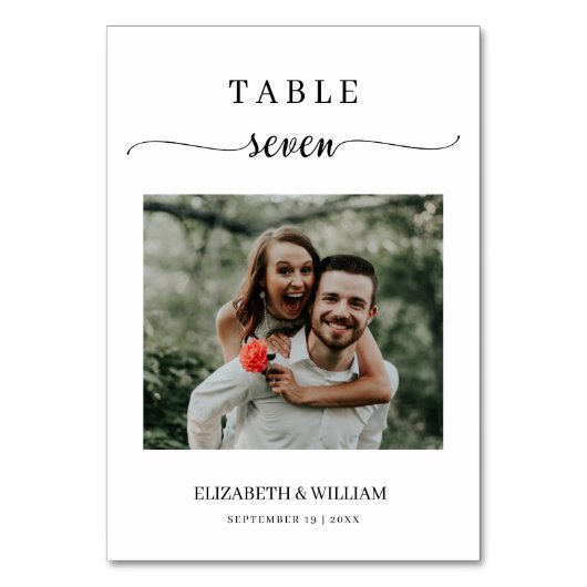 Elegantes Script Foto Hochzeit Tischnummer Seven (Vorderseite)